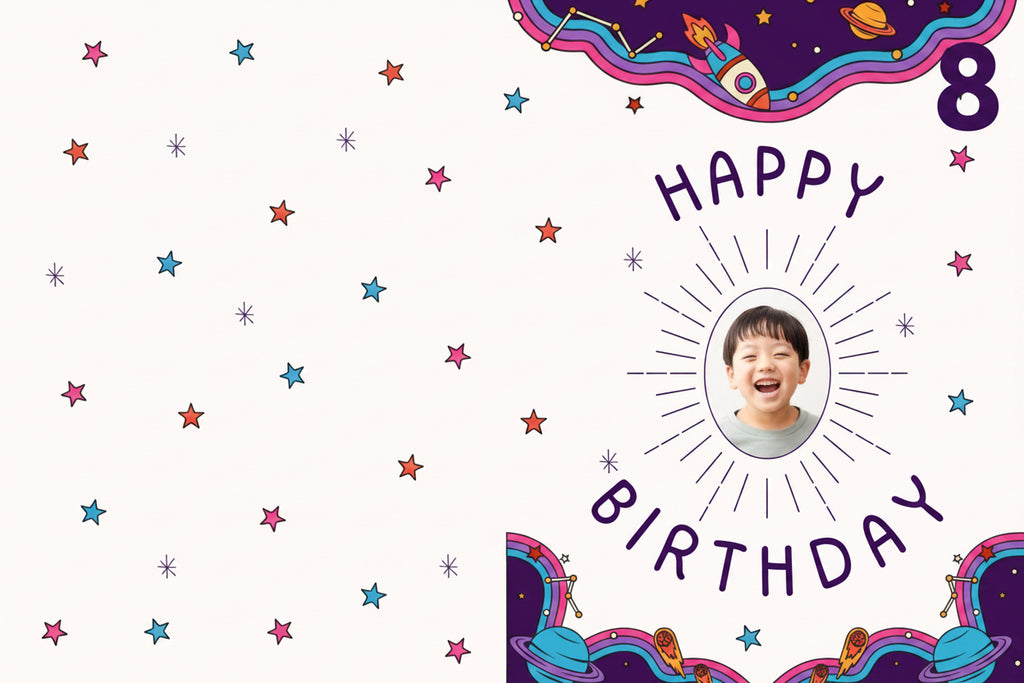 Birthday card with colorful stars and a photo of a child, featuring the text 'Happy Birthday'.