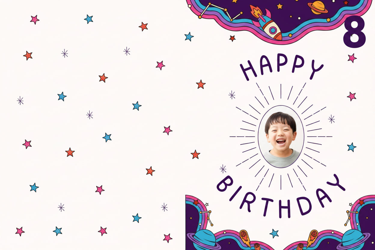 Birthday card with colorful stars and a photo of a child, featuring the text 'Happy Birthday'.