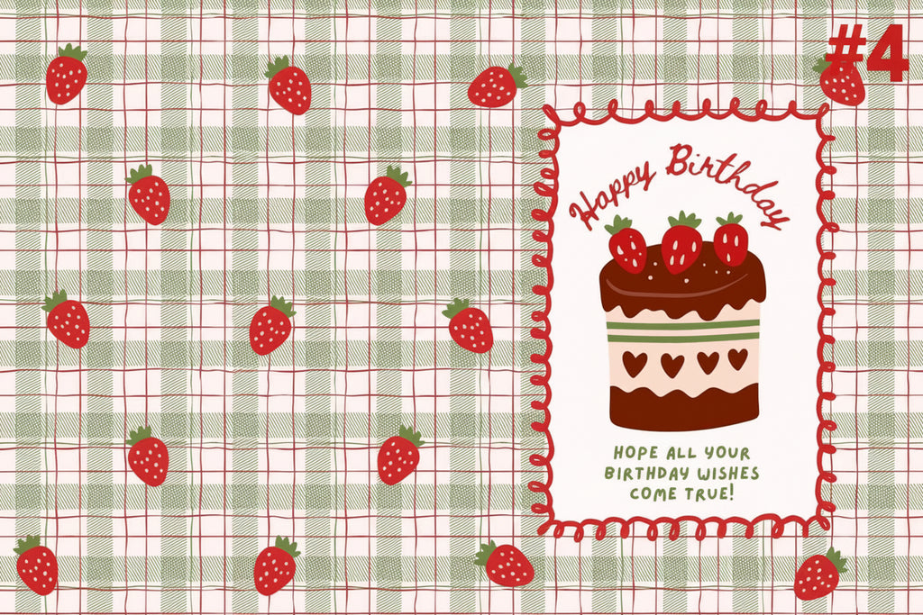 Birthday card with cake illustration and strawberry decorations on a checkered background