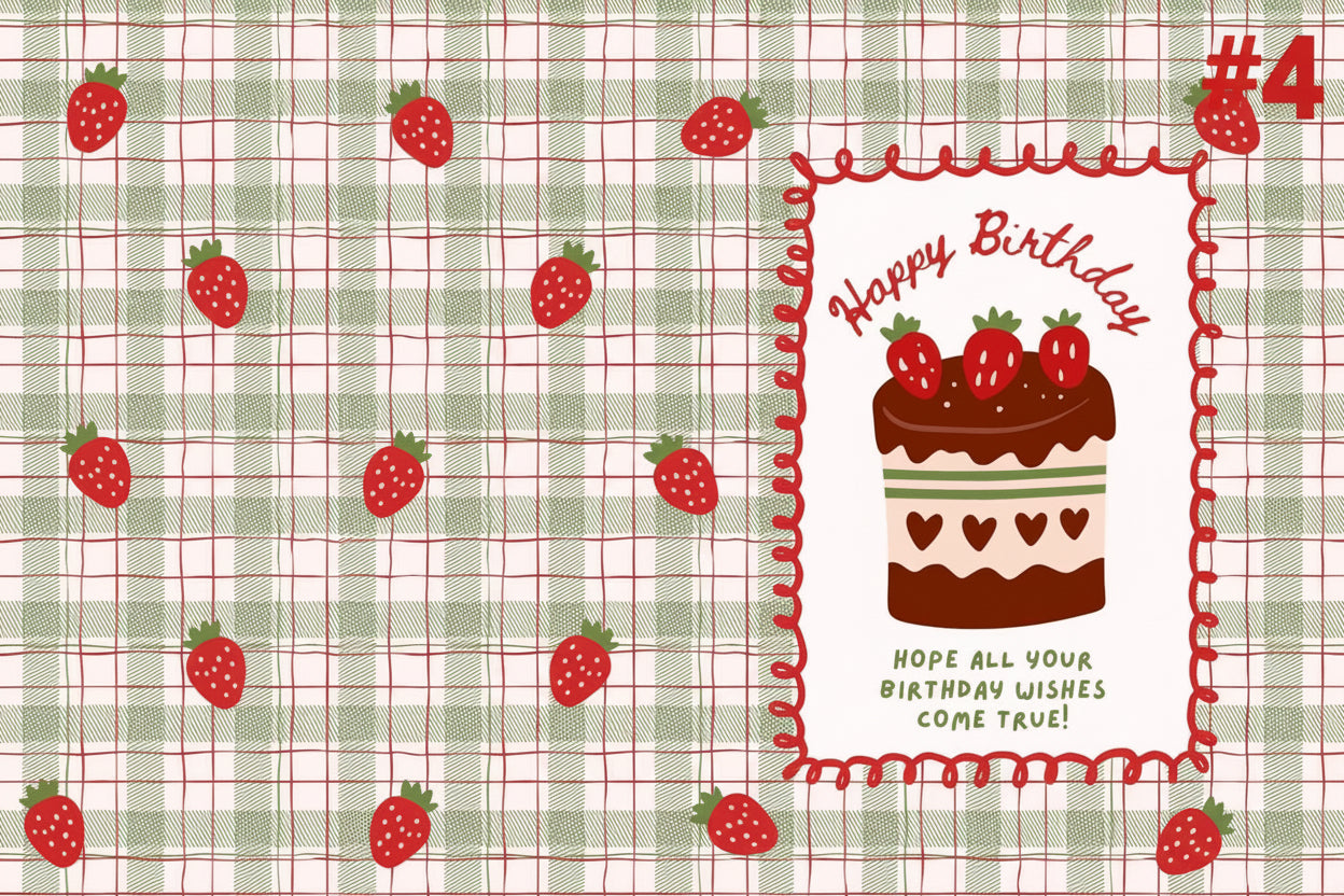 Birthday card with cake illustration and strawberry decorations on a checkered background