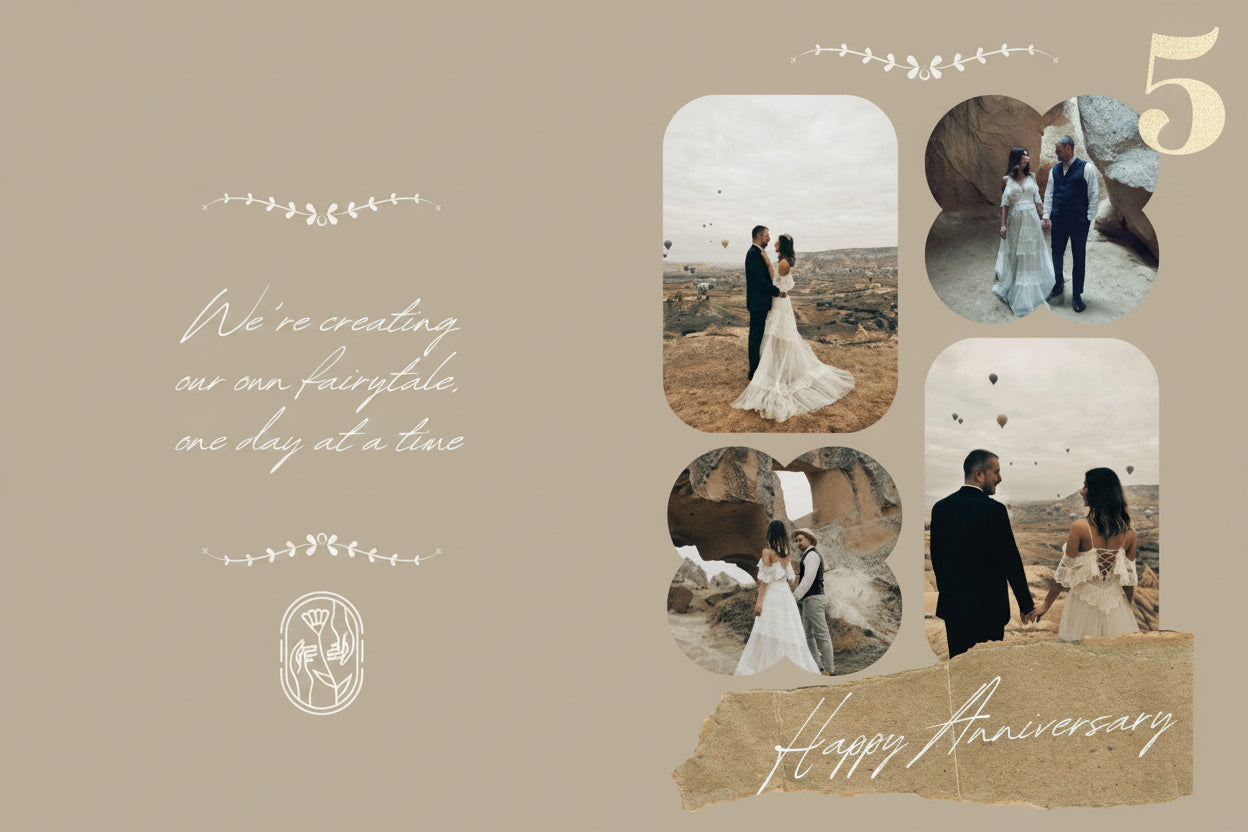 Collage of wedding photos with text on a beige background