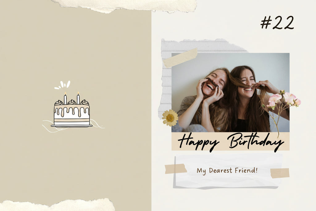 Happy Birthday card with two people laughing, a cake illustration, and personalized text on a beige background.