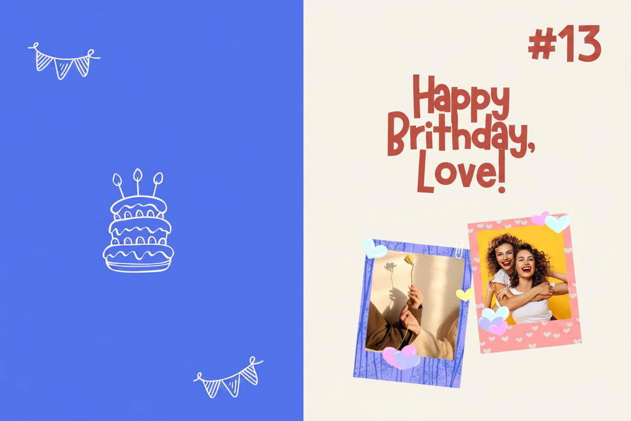Happy Birthday card with cake illustration, text, and photo of two people hugging.