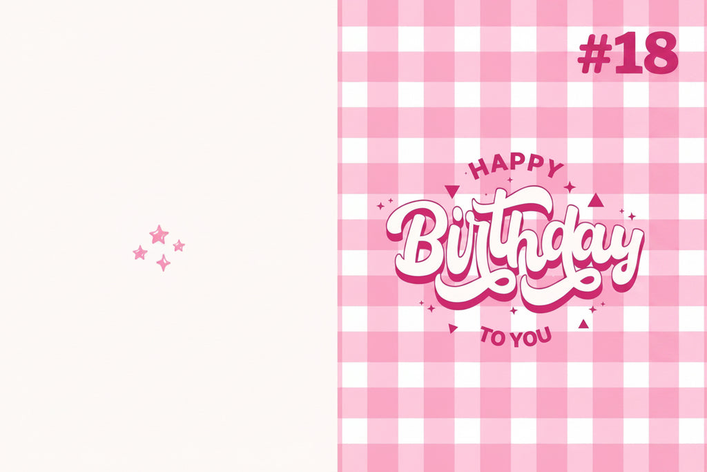 Happy Birthday text on a pink and white checkered background