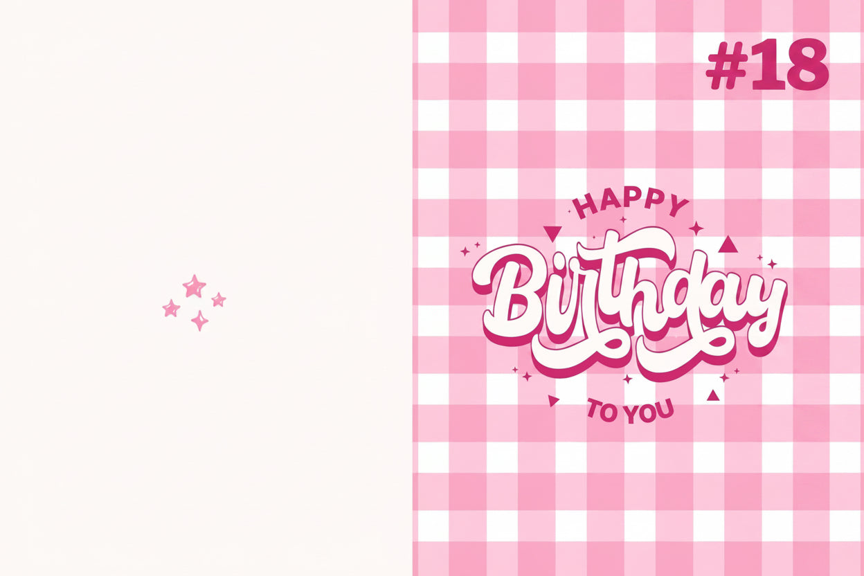 Happy Birthday text on a pink and white checkered background