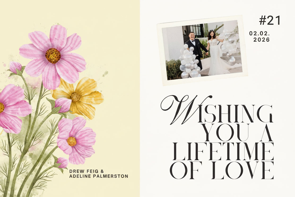 Greeting card with flowers on one side and a photo of a couple on the other, with text 'Wishing you a lifetime of love'.