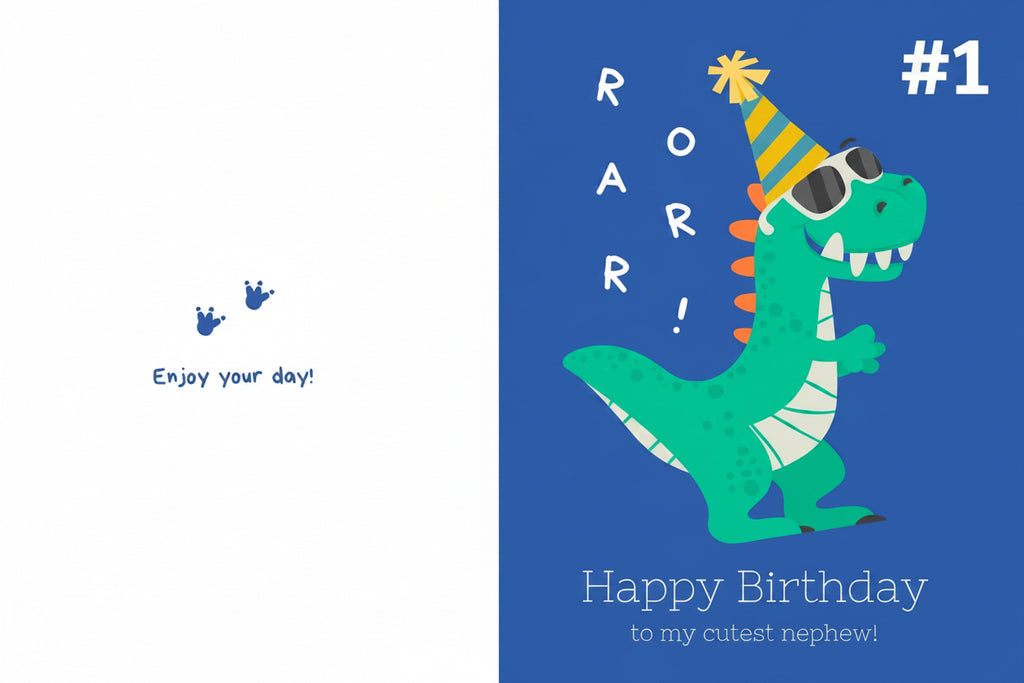 Birthday card with a cartoon dinosaur wearing a party hat on a blue background.
