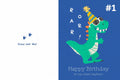 Birthday card with a cartoon dinosaur wearing a party hat on a blue background.