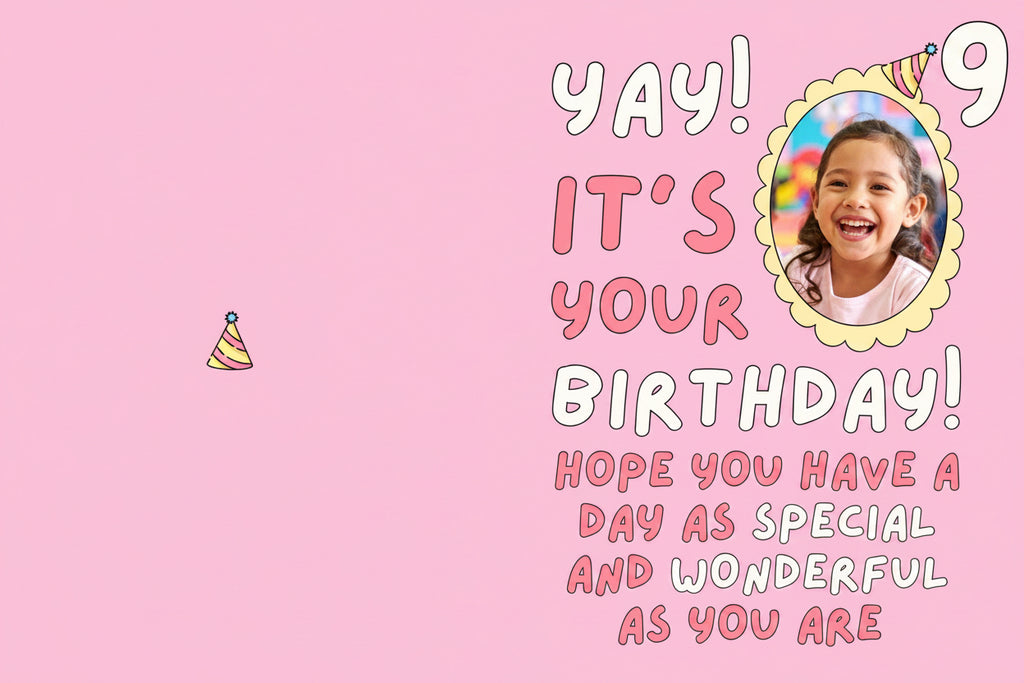 Happy Birthday card with a child's photo on a pink background