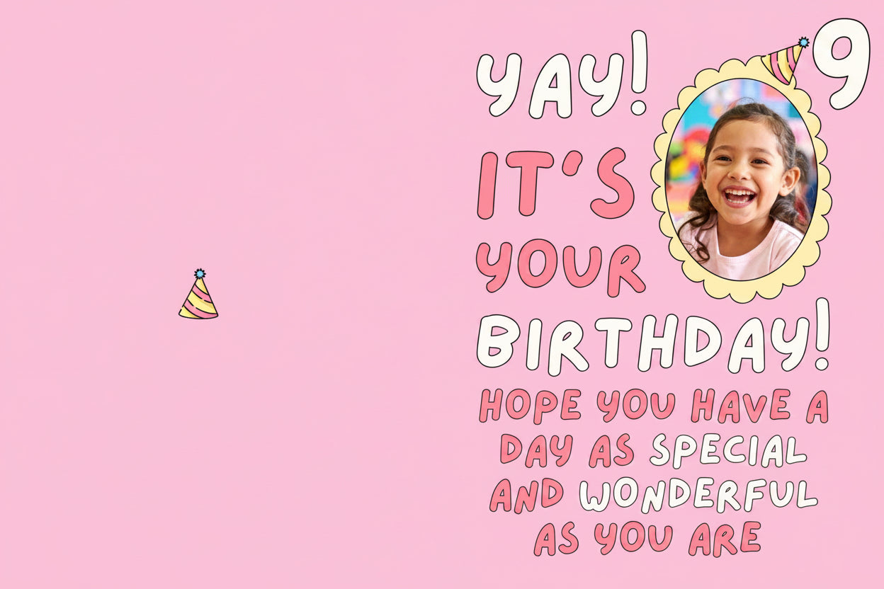 Happy Birthday card with a child's photo on a pink background