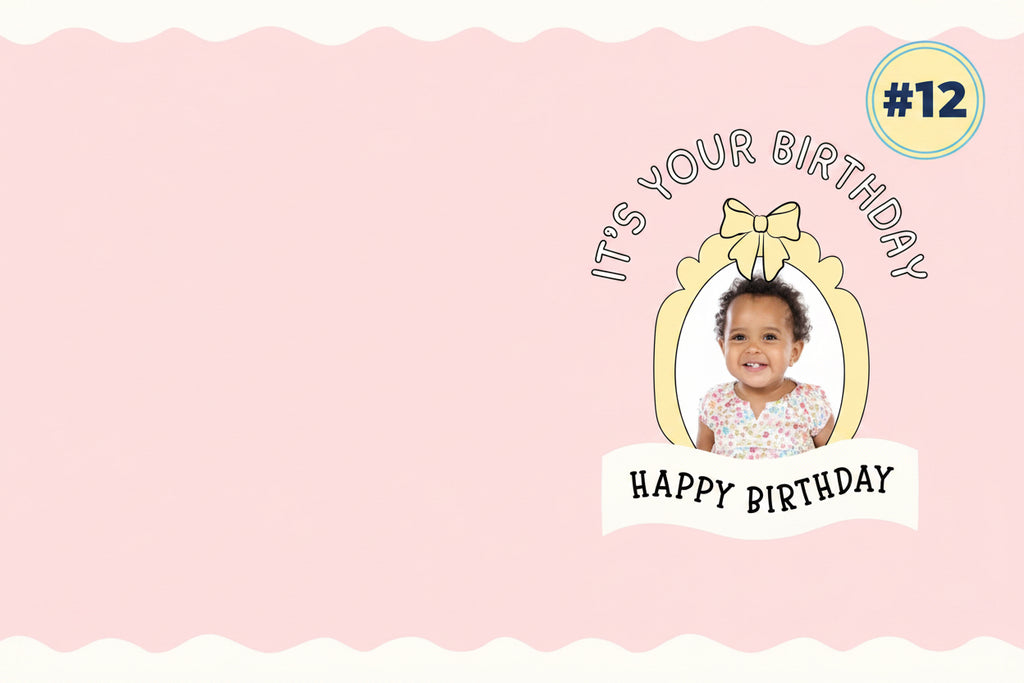 Happy Birthday card with a child's photo and decorative text on a pink background