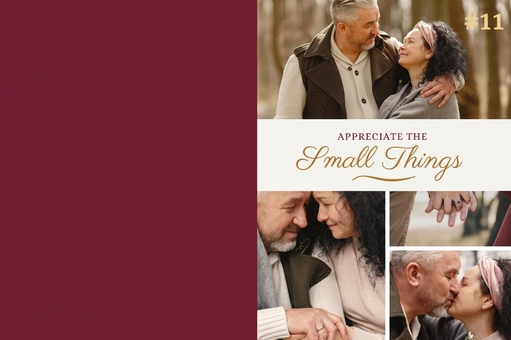Collage of a couple in a forest with text 'Appreciate the Small Things' on a red and white background.