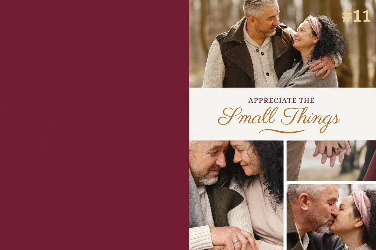 Collage of a couple in a forest with text 'Appreciate the Small Things' on a red and white background.