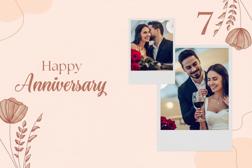Happy Anniversary card with couple photos and floral elements on a pink background