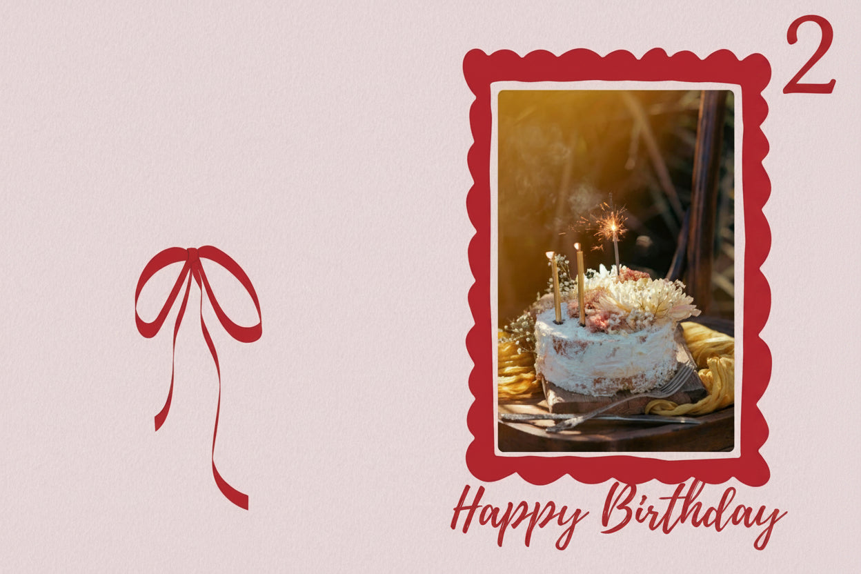 Birthday card with a cake and 'Happy Birthday' text on a light pink background.