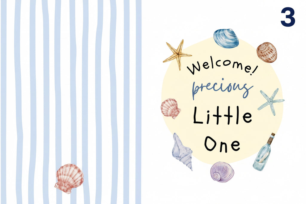 Baby shower card with seashells, starfish, and text 'Welcome precious little one' on a striped background.