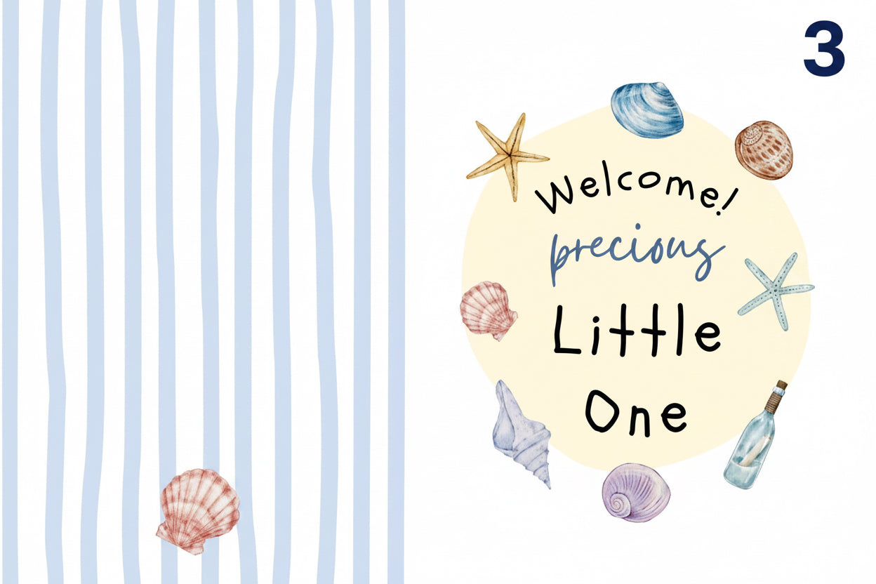 Baby shower card with seashells, starfish, and text 'Welcome precious little one' on a striped background.