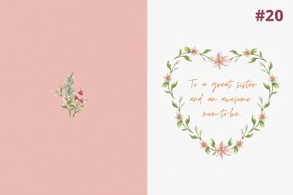 Floral wreath on a pink and white background with text.
