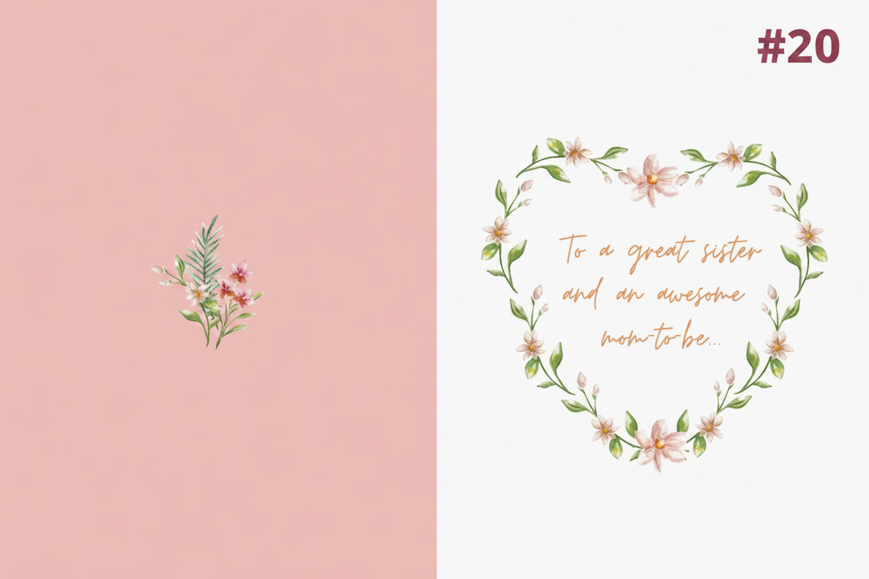 Floral wreath on a pink and white background with text.